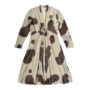 70s vintage metallic midi dress animal cow print beaded v-neck long sleeve.